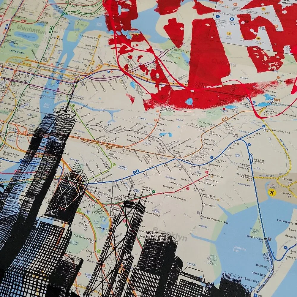 ❤ Handpainted I LOVE New York Skyline Acrylic Paint Artwork on a NYC Subway Map - Picture 10 of 11